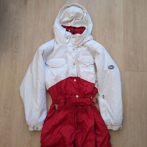 VTG Nils Skiwear Womens Size 10 Ski Suit Red White Colorblock Hooded One Piece